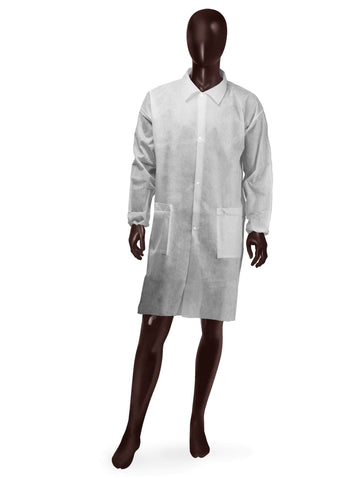 Camice monouso bianco in TNT da 30 g/mq, maniche lunghe, Colletto a camicia, elastici polsi, 30 gr/mq. CE – colore bianco DPI ctg. I - TG. XL - Ajsia