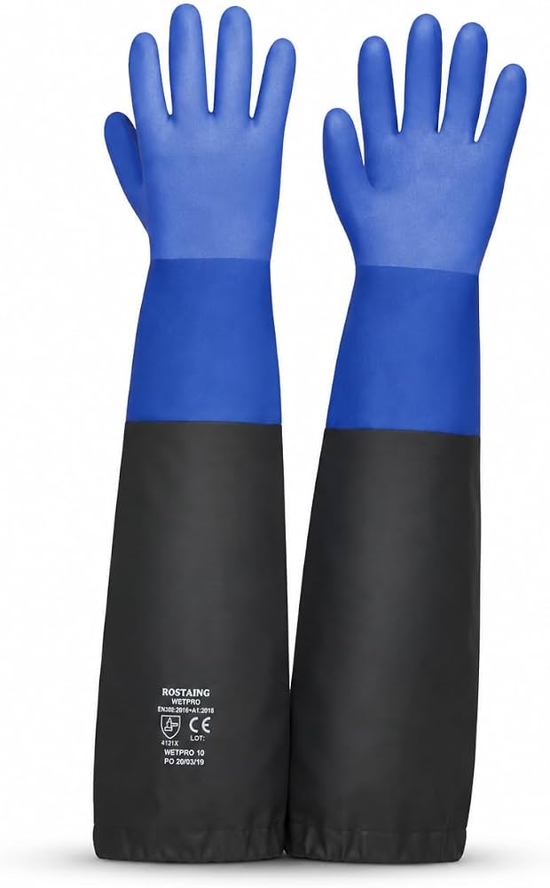 Guanti lunghi impermeabili Rostaing Wetpro in cotone e PVC, certificati EN 388, ideali per la protezione completa fino al gomito durante lavori professionali in ambienti umidi - tg. 9